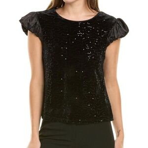 NANETTE LEPORE NWT Black Sequin Velvet Satin Sleeve Tie Back Top Blouse Size M